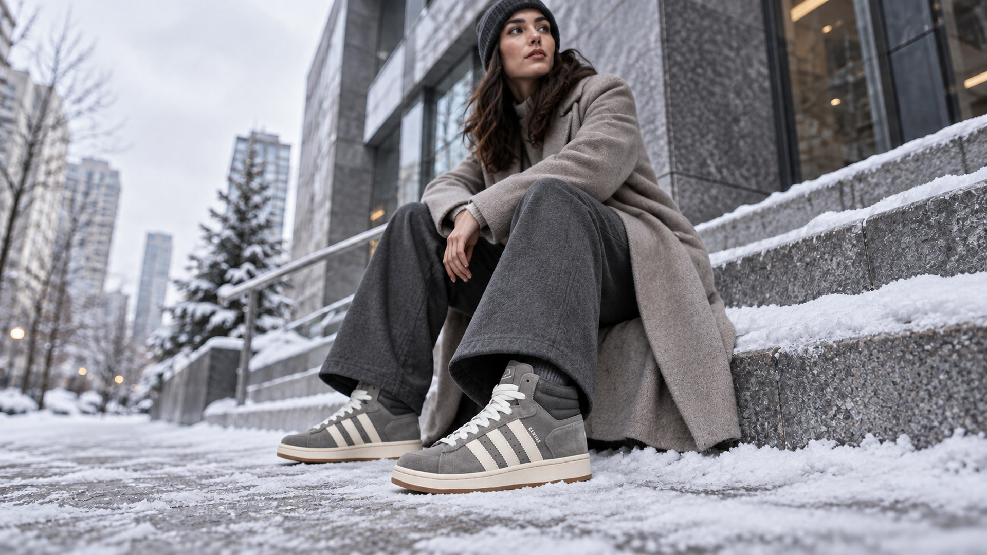 Adidas Campus High 44088 с широкими брюками и длинным пальто